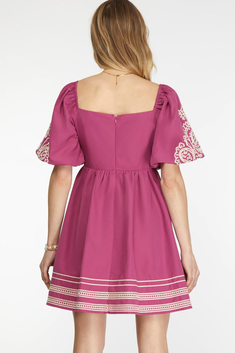 Magenta Puff Sleeve Embroidered Dress