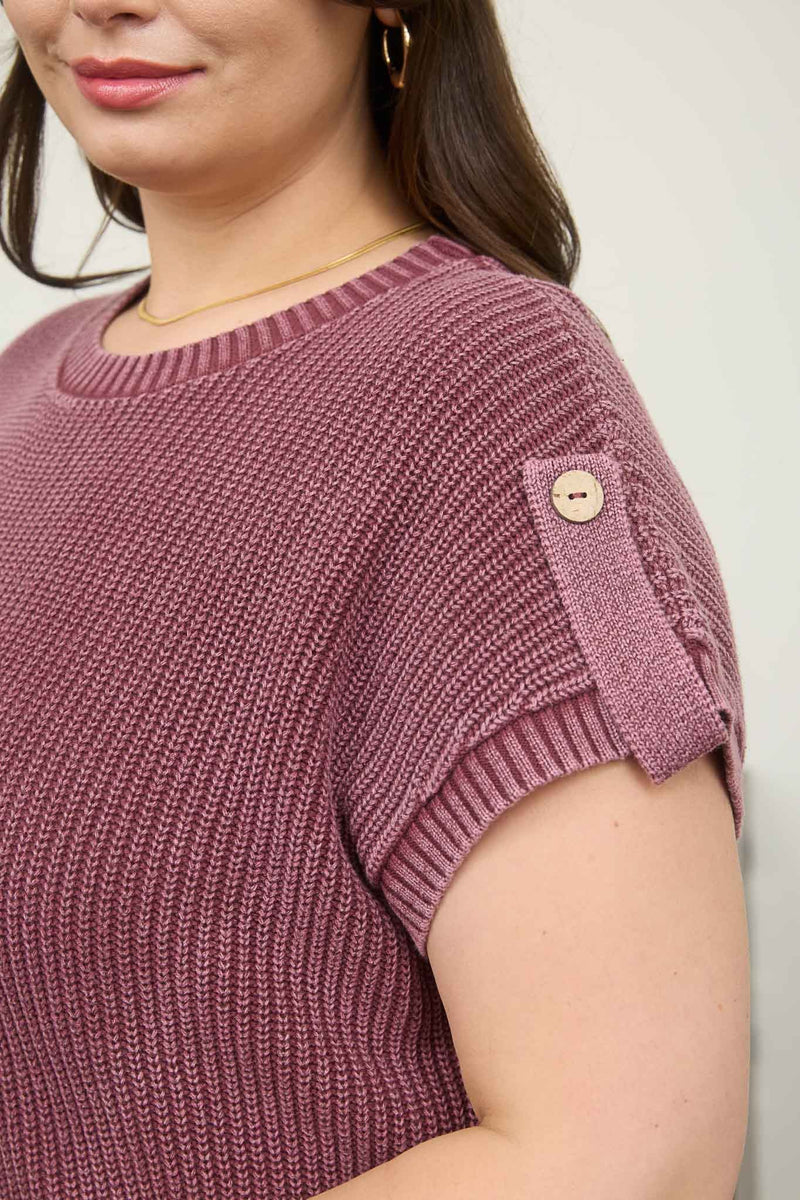Curvy Washed Knit Short Sleeve Pullover Sweater