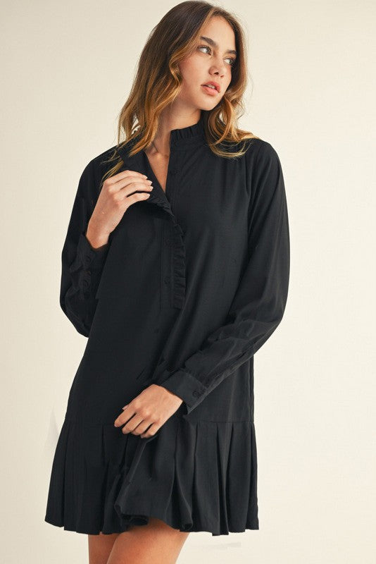 Black Pleated Hem Solid Shift Dress