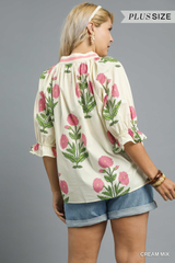 Curvy Cream Floral Poplin Puff Sleeve Top