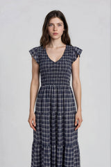 Plaid V Neck Smocked Midi Dress