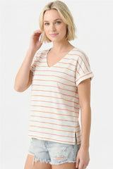 V Neck Short Sleeve Textured Stripe Top