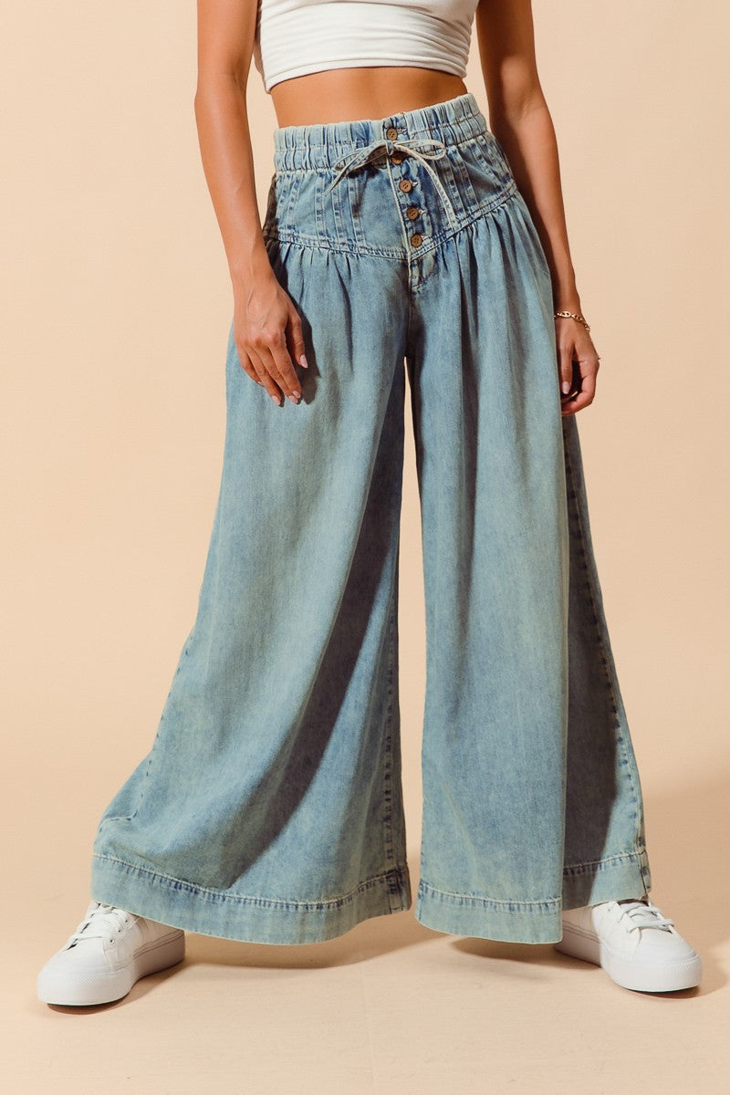 Wide Leg Jeans With Button and Drawstrings