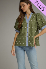 Curvy Olive Polka Dot Front Button Top