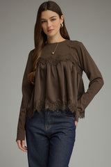 Brown Long Sleeve Layered Camisole Detail Top