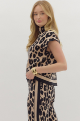 Curvy Leopard Print Sleeveless Sweater Black Trim