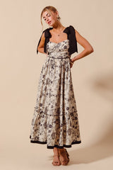 Vintage Black Floral Tie Shoulder Dress