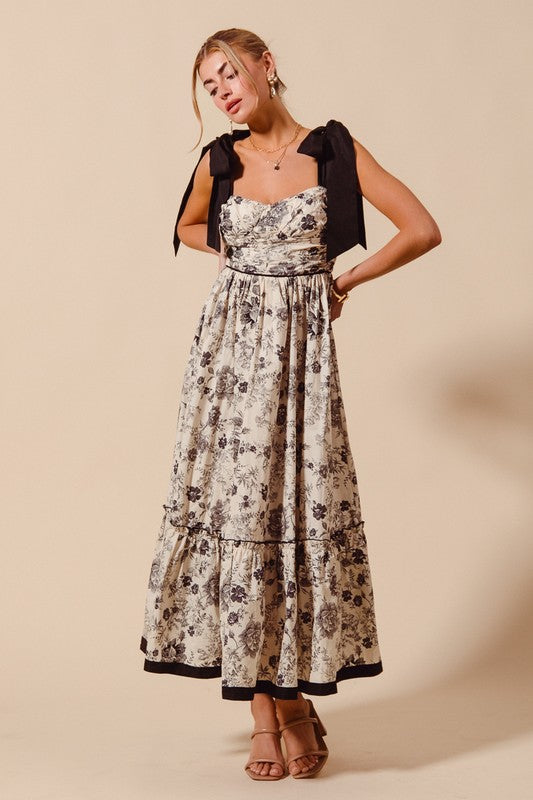 Vintage Black Floral Tie Shoulder Dress