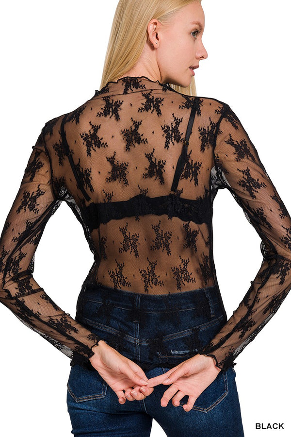 Black Floral Lace Sheer Top