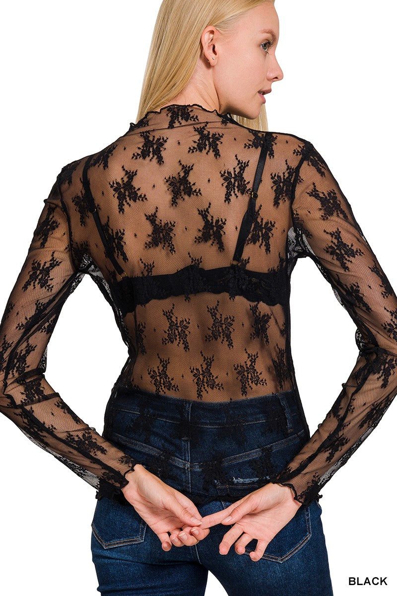 Black Floral Lace Sheer Top
