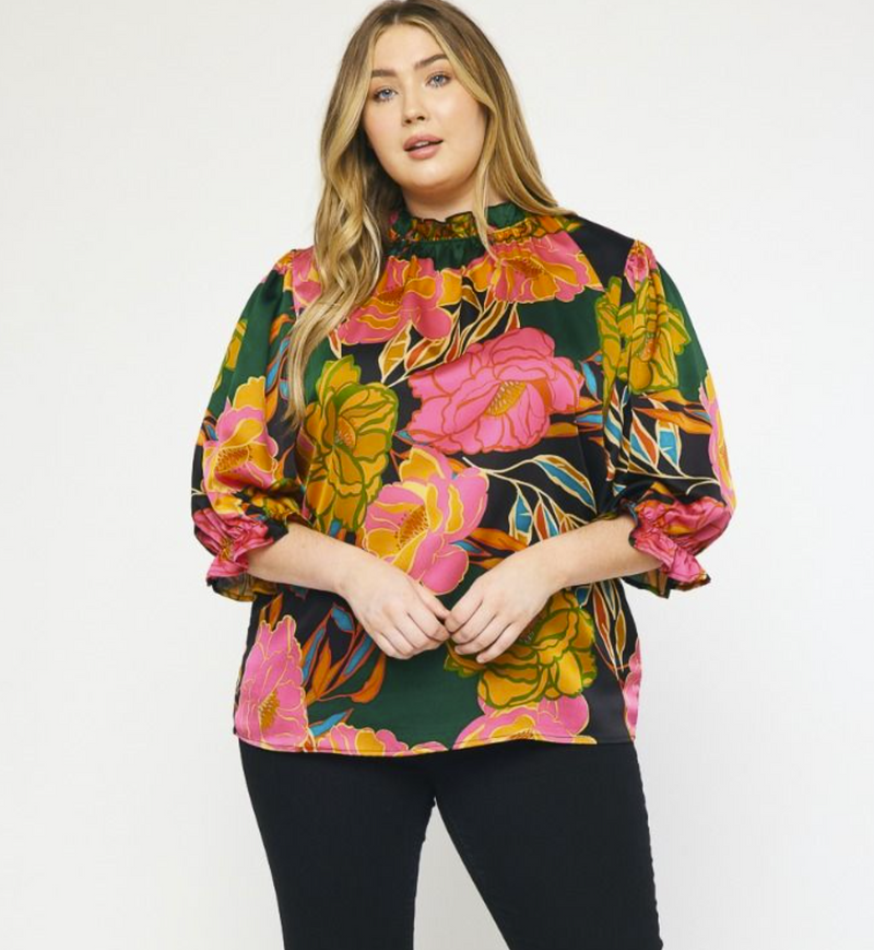 Curvy Bold Floral Ruffle Neck Top