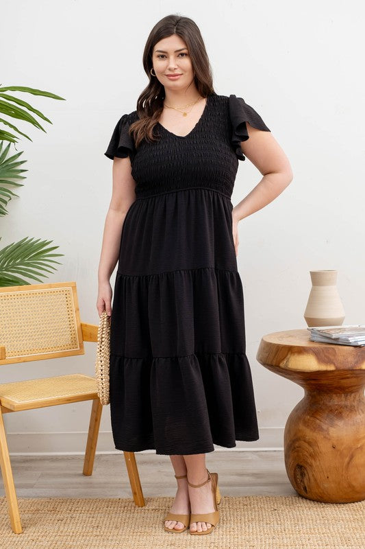 Curvy Tiered V-Neck Cap Sleeve Midi Dress