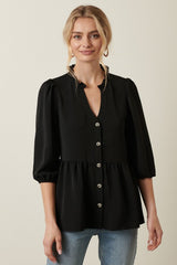Black Tiered Ruffle Neck Button Top