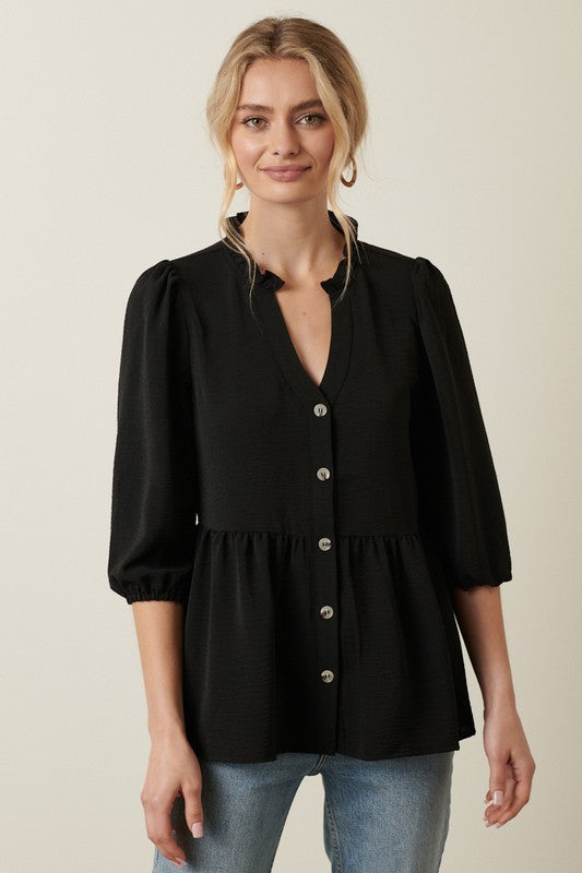 Black Tiered Ruffle Neck Button Top