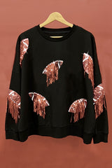 Black Sequin Football Crewneck With Tassles