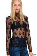 Black Floral Lace Sheer Top