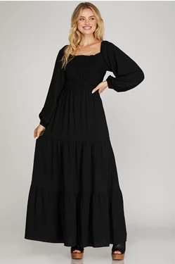 Smocked Balloon Sleeve Midi Dress