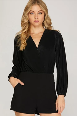 Black Pleated Surplice Bodysuit