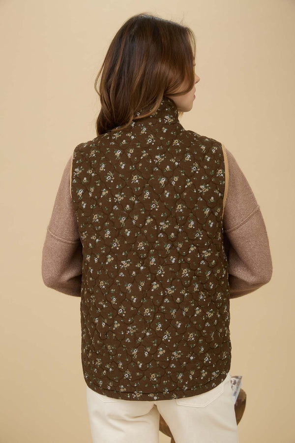 Brown Multi Floral Quilted Zip-Up Puffer Vest