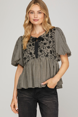 Black Puff Sleeve Front Bow Baby Doll Top