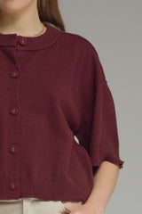 Burgundy Button Down Short Sleeve Cardigan Sweater