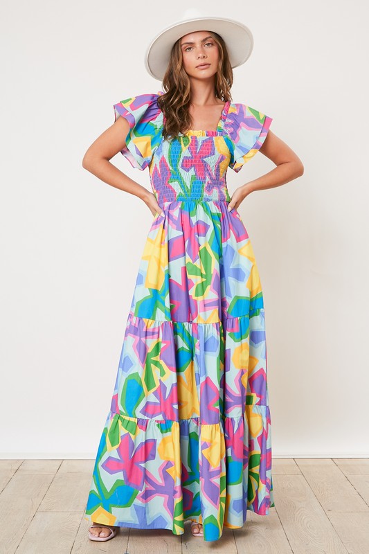 Blue Multi Abstract Smocked Maxi Dress