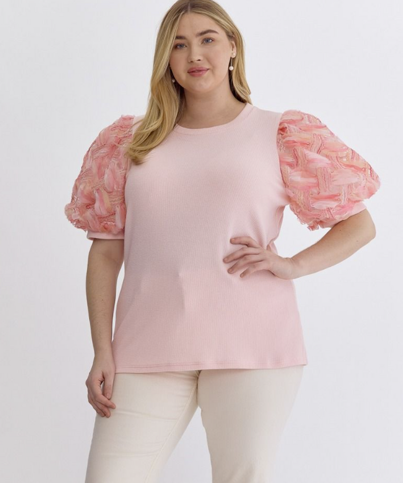 Curvy Blush Ribbed Textured Puff Sleeve Top
