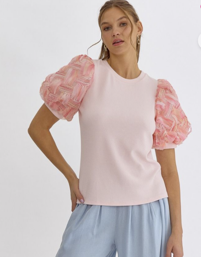 Blush Ribbed Textured Puff Sleeve Top