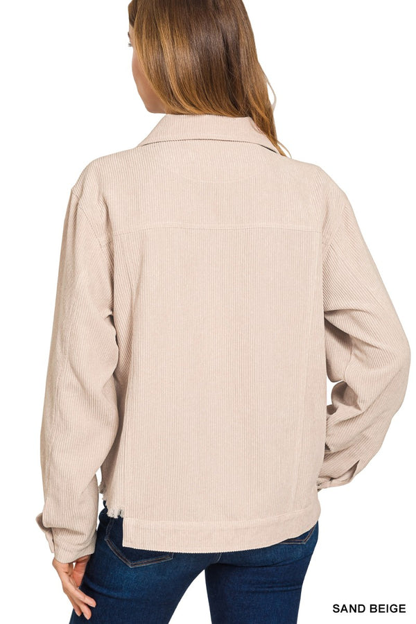 Sand Beige Distressed Frayed Hem Cropped Jacket
