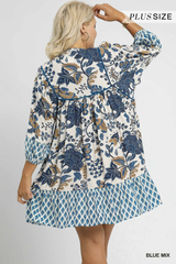 Curvy Blue Mixed Print Dress