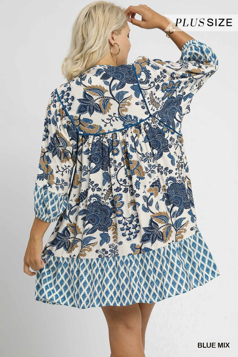 Curvy Blue Mixed Print Dress