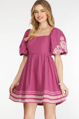 Magenta Puff Sleeve Embroidered Dress