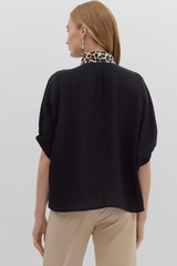 Curvy Black Puff Sleeve Shirt With Leopard Collar