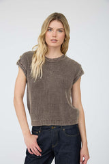 Dark Brown Faux Back Button Detail Short Sleeve Sweater