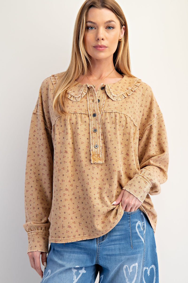 Latte Floral Collared Thermal Top
