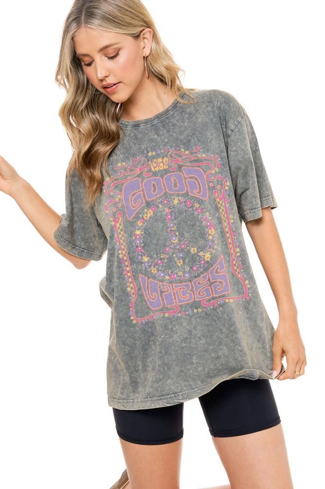 Mineral Wash Gray Boho Good Vibes Tee