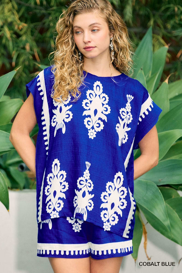 Blue Short sleeve Top W/ White Design