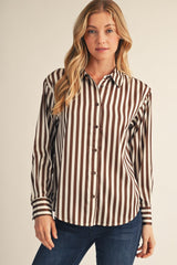 Brown Stripe Button Down Satin Top