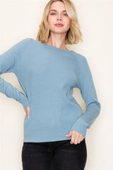 Dusty Blue Waffle Knit Sweater Knit Top