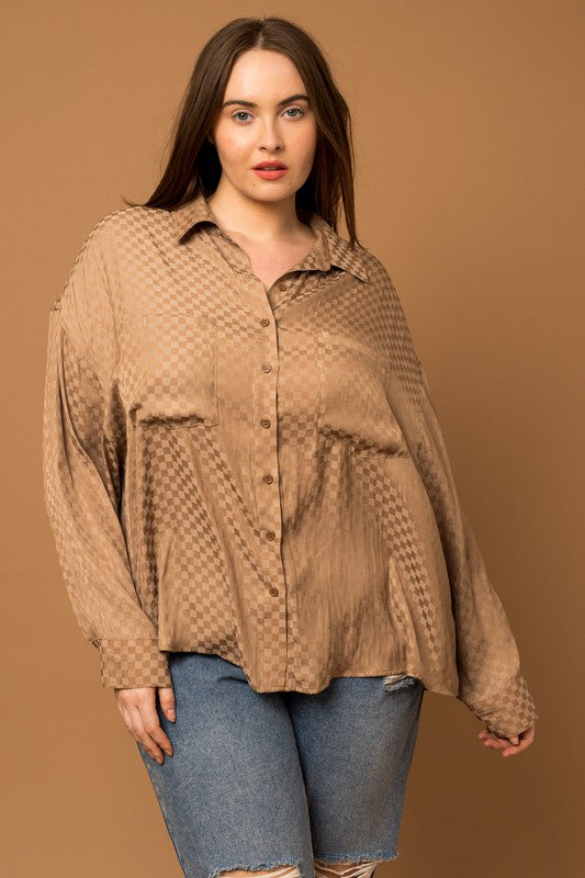 Curvy Brown Satin Checkered Shirt