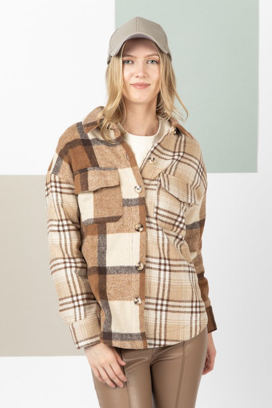 Curvy Brown Plaid Contrast Shacket