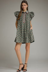 Green Printed Ruffle Sleeve Dress
