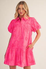 Hot Pink Short Puff Sleeve 3D Floral Dress