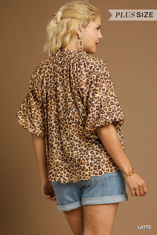 Curvy Bubble Sleeved Animal Print Blouse