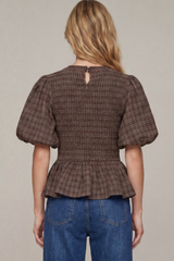 Brown Plaid Short Puff Sleeve Smocked Top