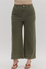 Curvy Olive High Waist Crop W/ Floral Embroidered Hem