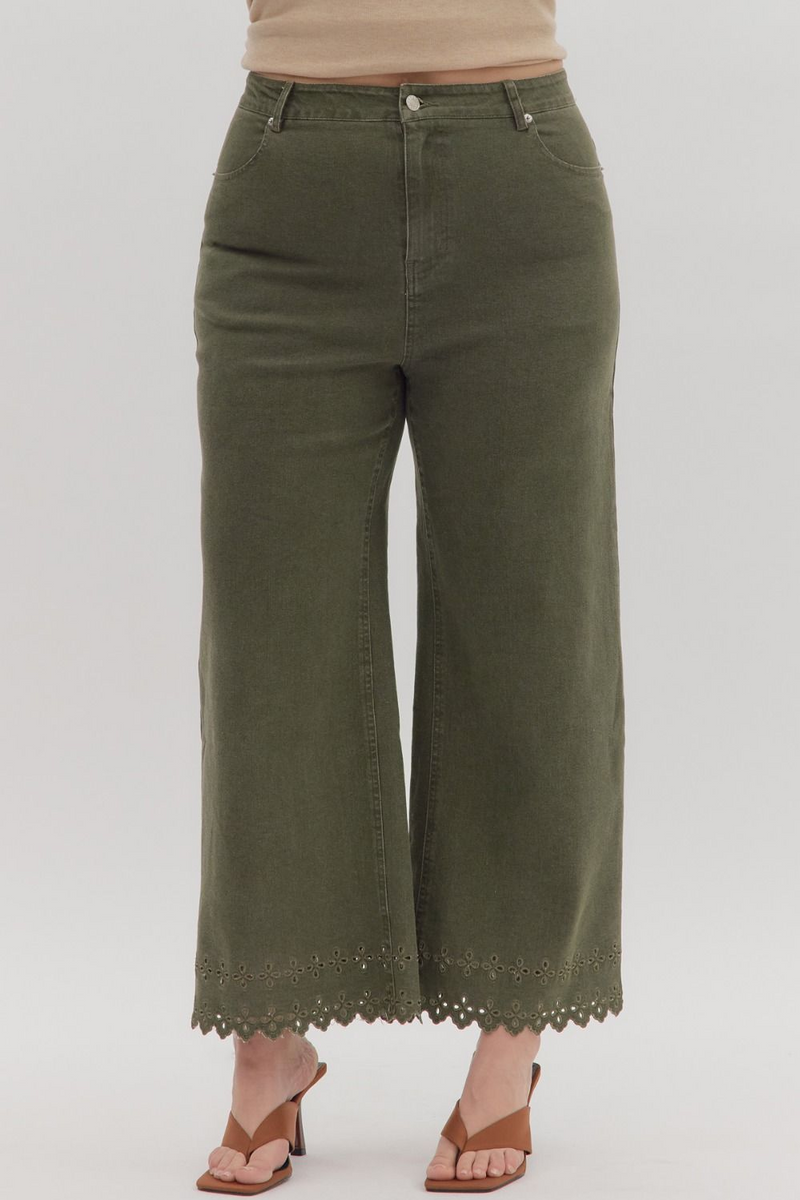 Curvy Olive High Waist Crop W/ Floral Embroidered Hem