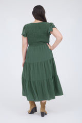 Curvy Tiered V- Neck Cap Sleeve Midi Dress