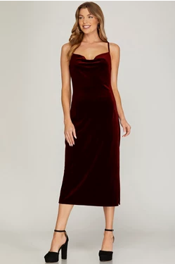 Deep Burgundy Velvet Midi Dress