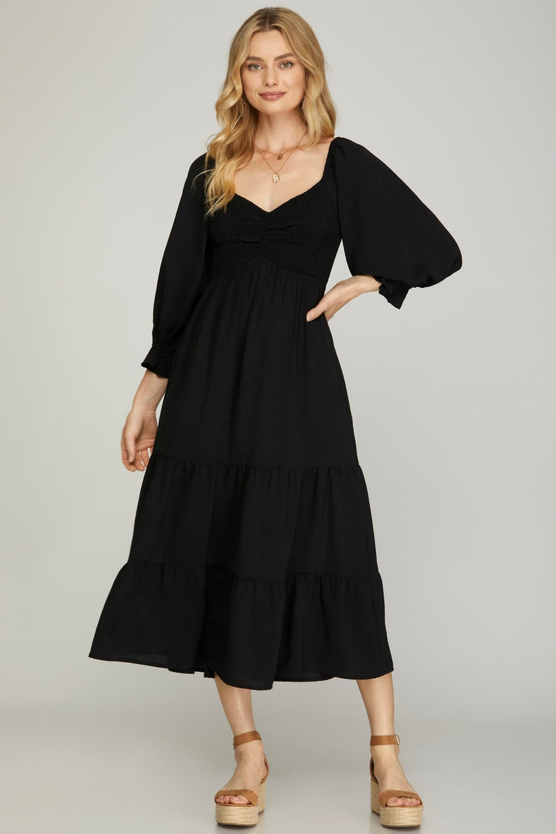 Smocked Cinch Detail Midi Dress